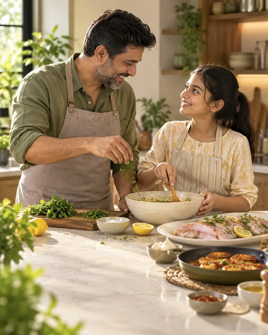 Father and daughter cooking fish and prawns together at home